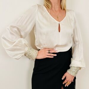 Mark and James Badgley Mischka Pleated Cuff V-Neck Top jeweled cuff blouse top